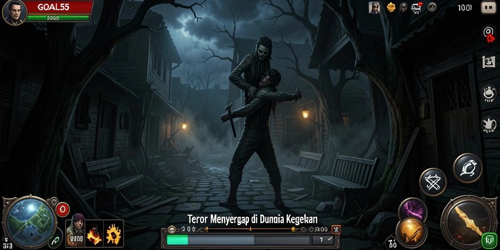 Screenshot gameplay GOAL55 menampilkan suasana horor yang mencekam.