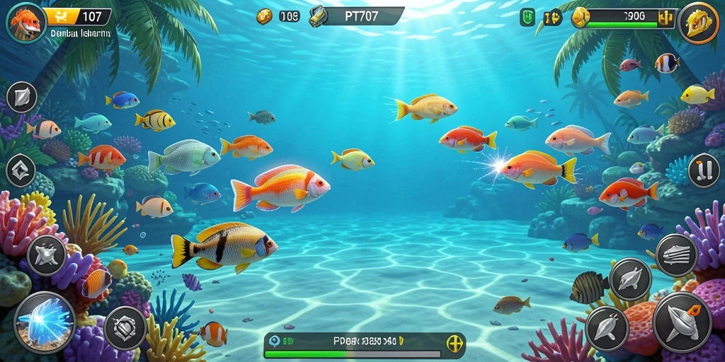 Tampilan gameplay seru dalam PT707 saat menembak ikan berwarna-warni.